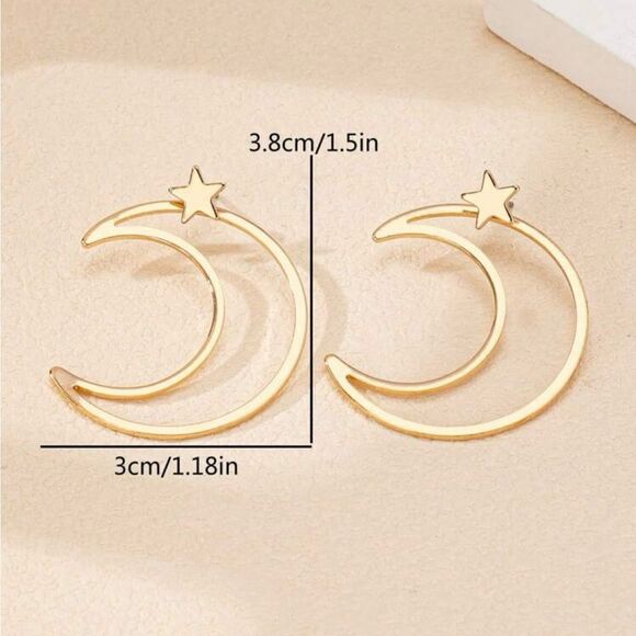 Minimalist Star & Moon Earring Elegant, Simple, Gold Tone, Unique Design - Picture 4 of 4
